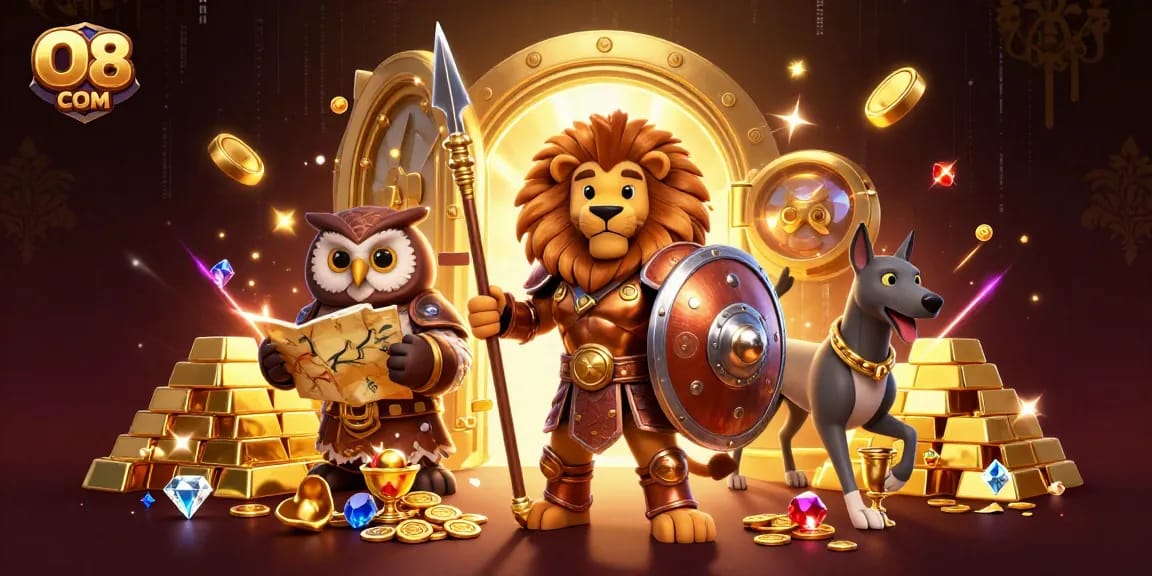 Experience the thrill of O8 COM with vibrant characters and opulent gold casino elements.