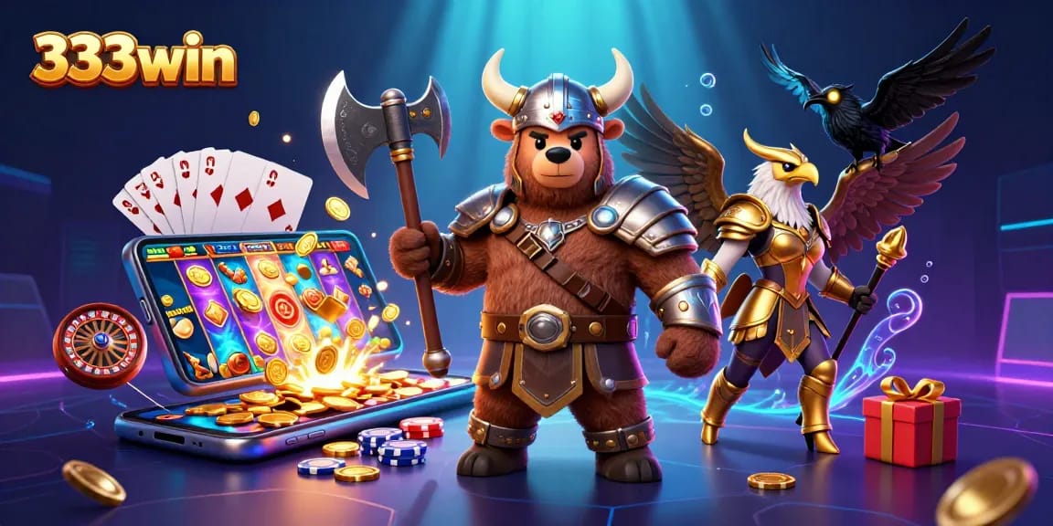 Engage in 333win's vibrant casino experience with a 3D Viking bear, Valkyrie eagle, and gaming elements.