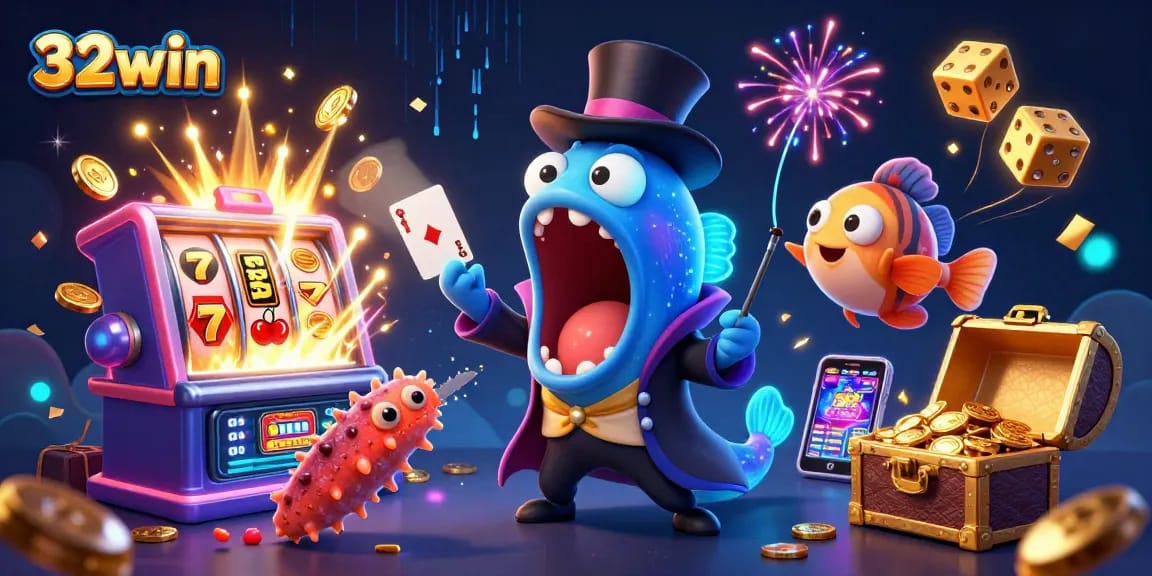 Experience thrilling card tricks with 32win's dynamic casino characters in a vibrant casino scene.