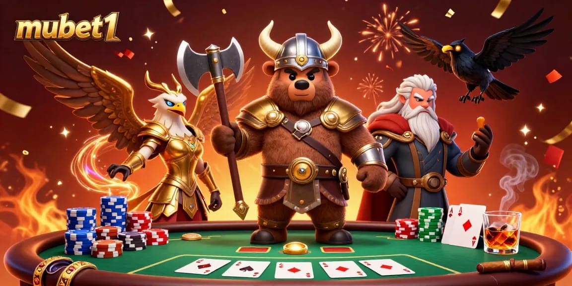 Play poker with excitement on mubet1, featuring bear warriors and Valkyries in action.