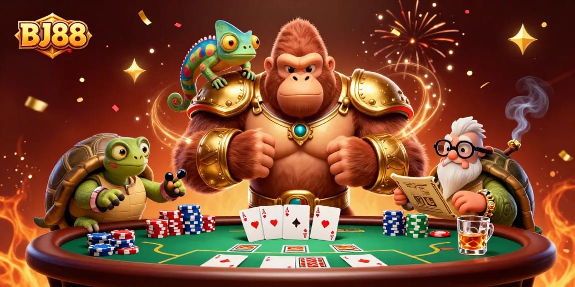 Experience the excitement of BJ88 with powerful characters and vibrant casino elements in this dynamic illustration.