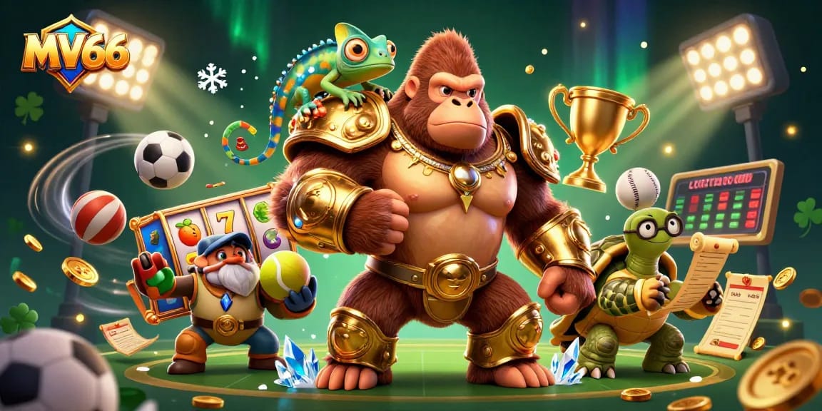 MV66 slot gaming action showcasing a golden gorilla king, chameleon spy, and tortoise elder.