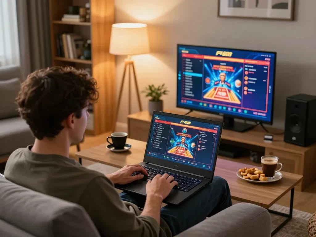 Person enjoying online gaming on F168 with laptop in a cozy living room setup.