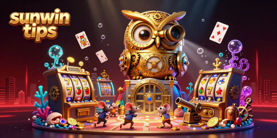 Spin and win with sunwin tips in this vibrant casino illustration featuring whimsical characters and exciting game elements.