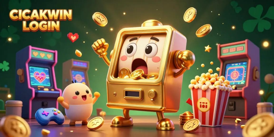 CICAKWIN LOGIN showcases an exciting jackpot scene with a golden slot machine, cheering baby slots, and a popcorn machine amidst a vibrant gaming landscape.