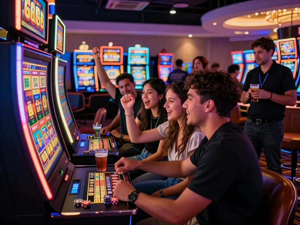 Excited group celebrating a Lucky 88 slot machine jackpot win in a lively casino.