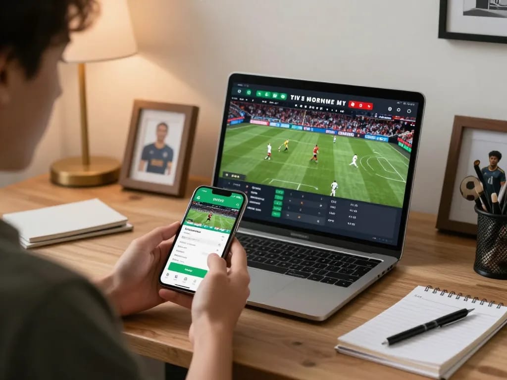 Engaging in sports betting through the trang chủ okwin app, showcasing strategic betting action in a modern home office.