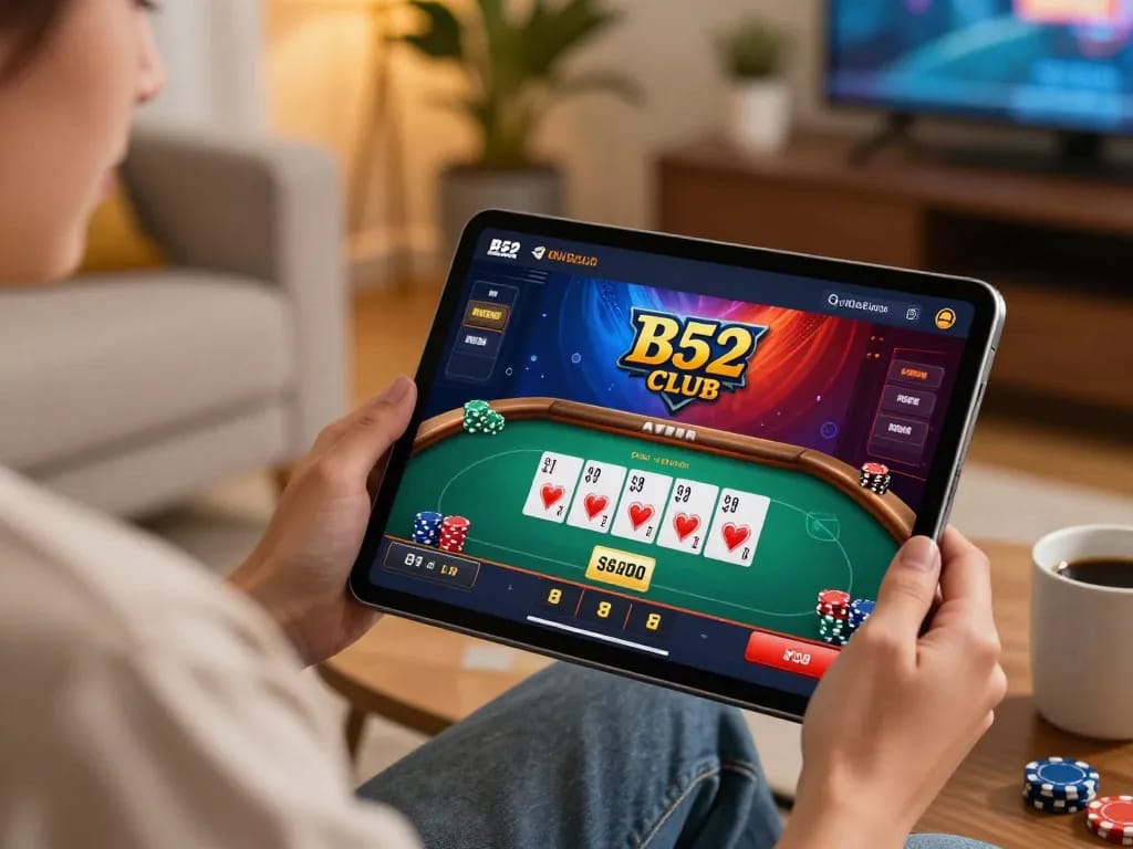 B52 Club gaming experience showcasing user engaged in online poker with tablet in a cozy setting.