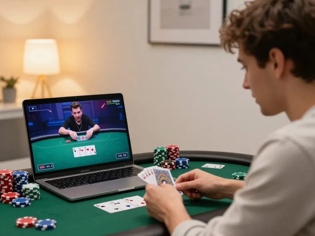 Engaging gameplay on trang chủ BL555 with intense poker action displayed on a laptop screen.