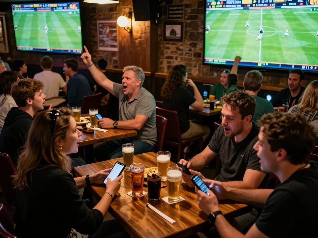 Bóng đá Bet168 betting excitement in a lively sports bar during a major football match