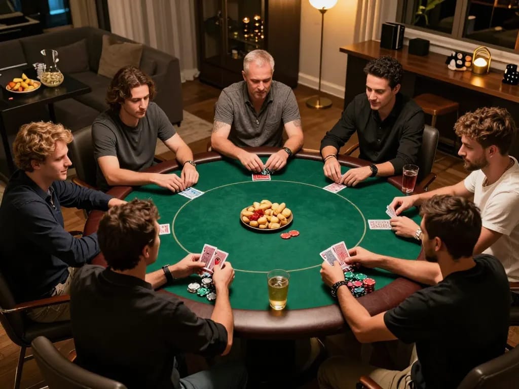 Players enjoying a friendly poker night at home with excitement and Joya9 branding in view.