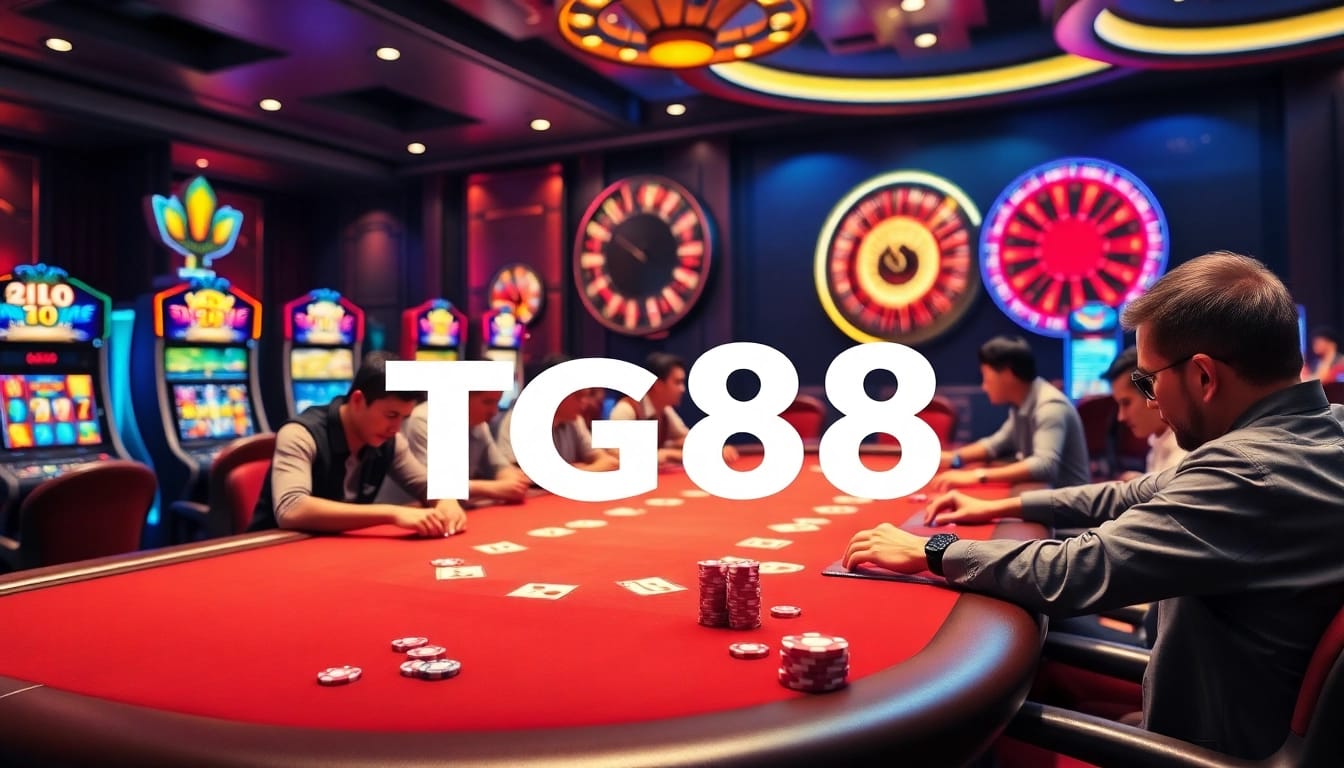 Exciting gameplay at TG88 casino with vibrant poker table and slot machines.