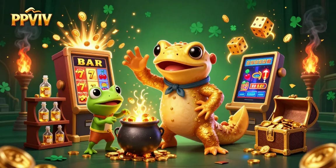 Join the excitement at PPVIP with a golden alchemist and colorful casino elements in a vivid 3D scene.