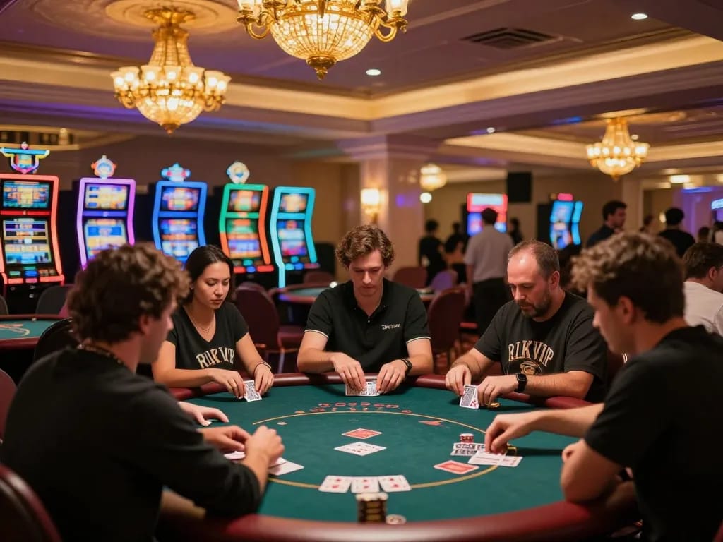 Players experiencing the excitement of rik vip poker at a luxurious casino setting, dealer shuffling cards, lights glowing.