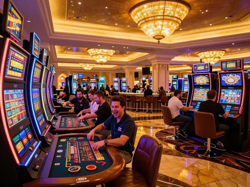 Luck8 players celebrating wins at vibrant Las Vegas casino slots, capturing excitement and luxury atmosphere