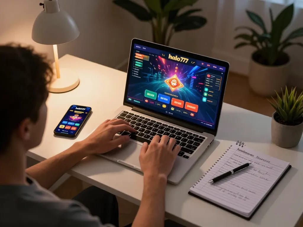 Pemain terlibat dalam kasino online halo777 di laptop, menunjukkan permainan strategis di lingkungan rumah yang nyaman.