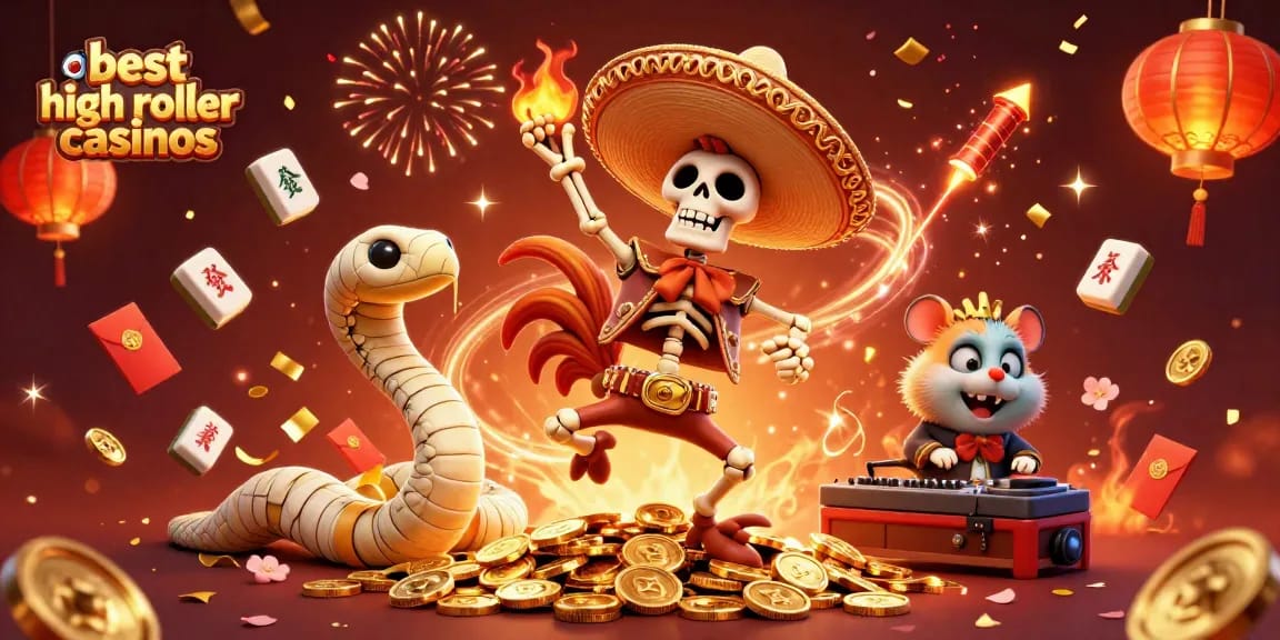 Engage with the best high roller casinos via festive characters and vibrant casino elements.