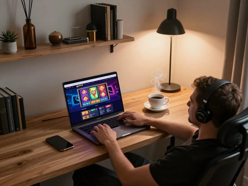 Berinteraksi dengan kasino online gg999 di setup laptop modern, menampilkan permainan yang berwarna-warni dalam suasana yang nyaman