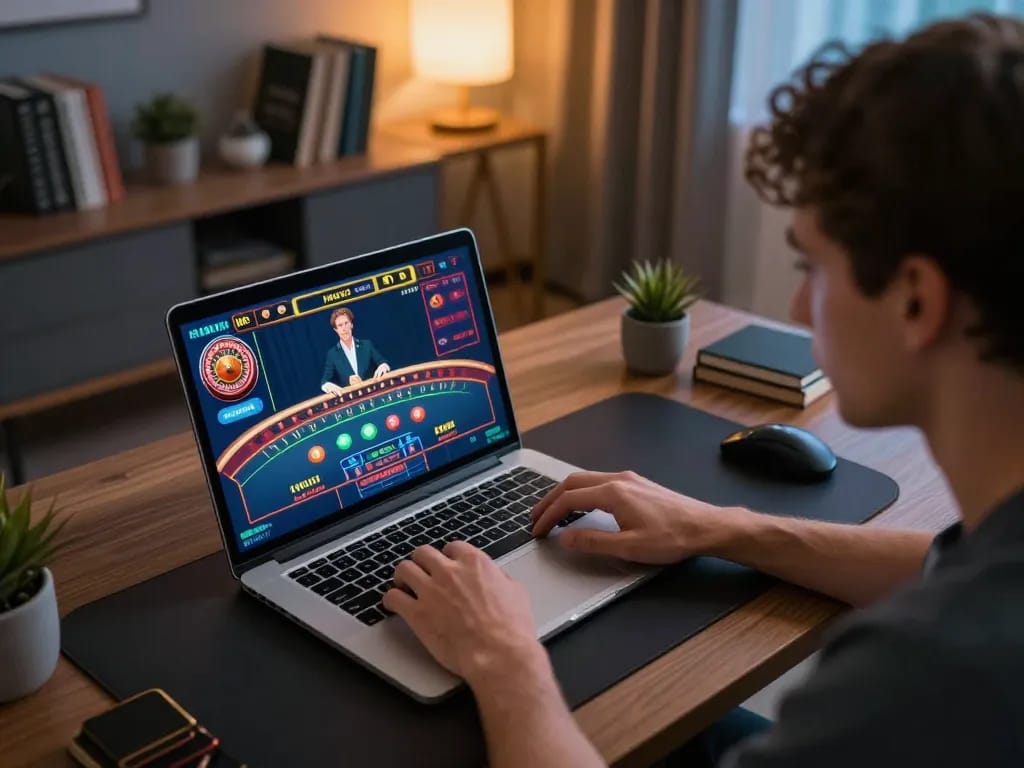 Player actively participating in MMOO live dealer game at home, showcasing strategic betting and responsible gaming.