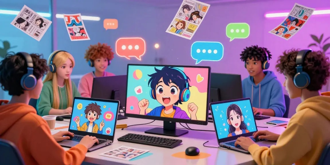 Engaging virtual scene of AI ecchi chat with diverse anime characters interacting on screens, surrounded by vibrant elements.
