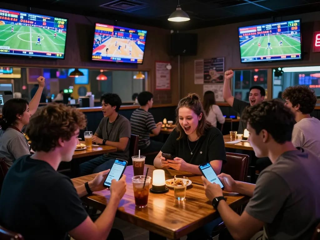 Fans engaging with live betting on their devices at a sports bar, showcasing nowgoal's real-time updates and thrilling atmosphere