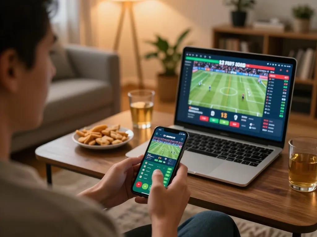 Engaging in live betting via keo bong da truc tuyen app on mobile in a cozy home setting