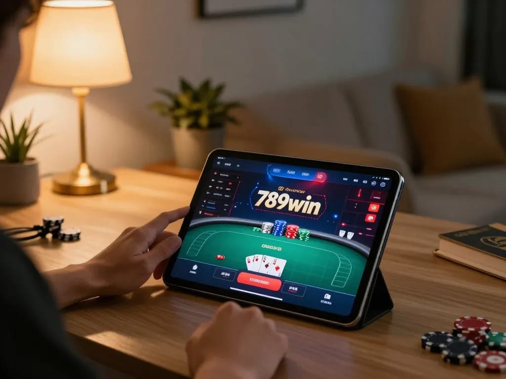 Engaging mobile gaming experience at home with 789win link displayed on tablet screen.