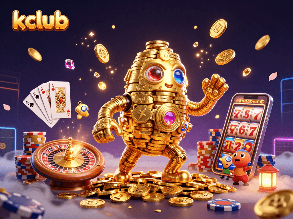 Kclub's 3D golden golem amidst cascading coins and vibrant casino elements, enhancing your gaming experience.