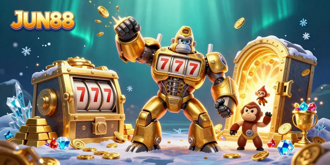 Engage with JUN88, witnessing a vibrant 3D illustration of a golden gorilla mech bursting with treasure.