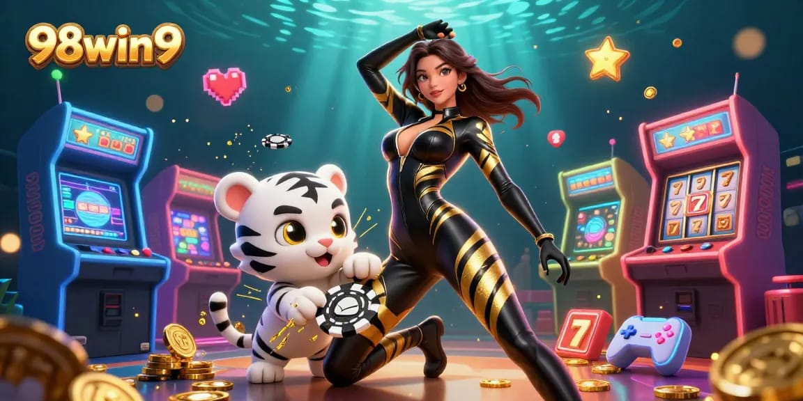 Experience thrilling casino action with 98win9 in a vibrant game-filled scene featuring dynamic characters.