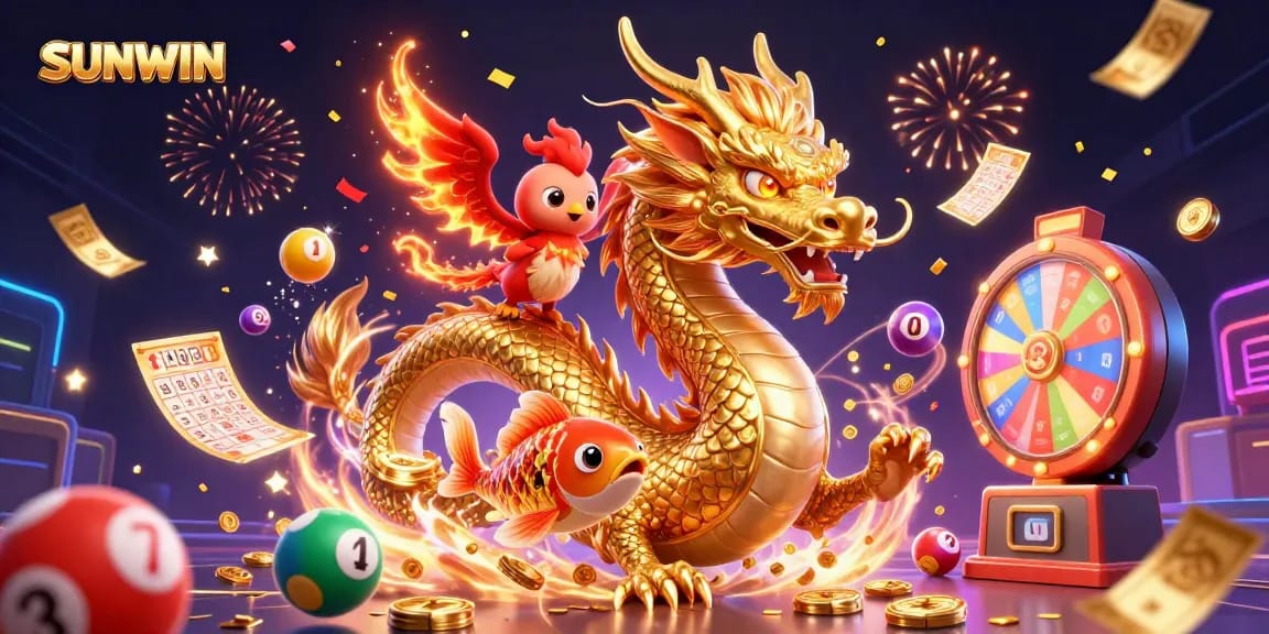 Experience the excitement of SUNWIN with a dynamic scene of gaming elements and characters celebrating