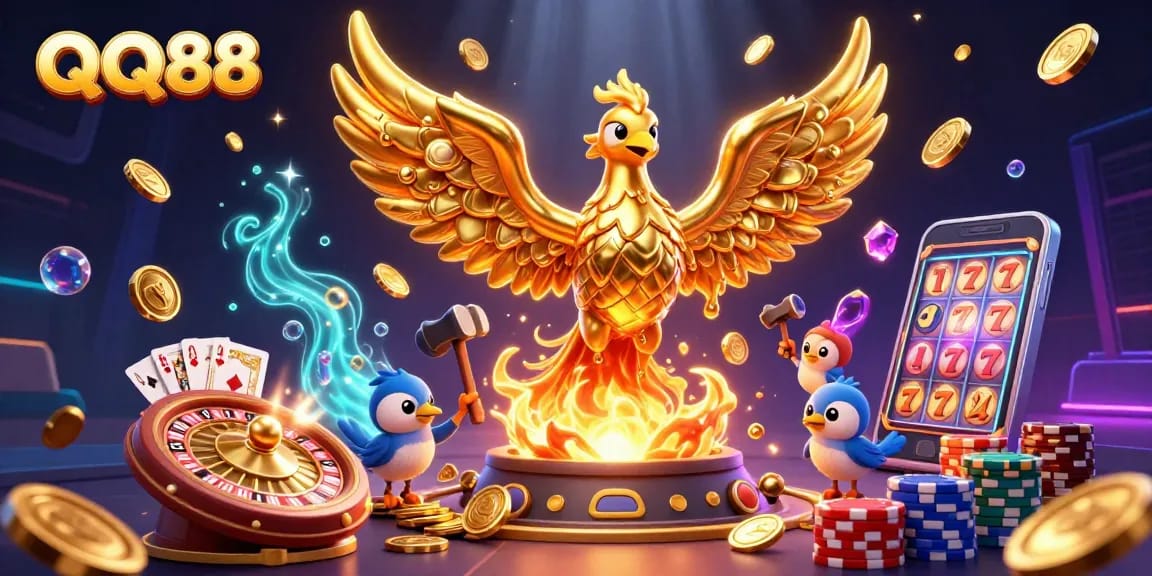 Experience thrilling wins at QQ88 with a golden phoenix and cascading coins in an exciting casino scene.