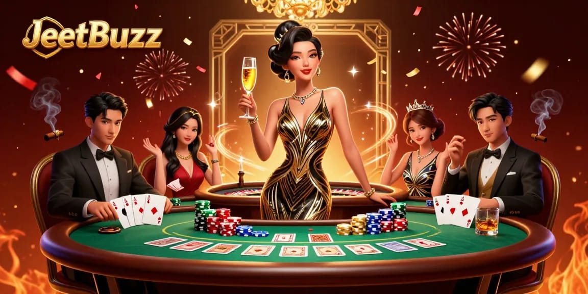 Experience vibrant gambling excitement at JeetBuzz with an elegant casino scene, showcasing luxury and gaming.