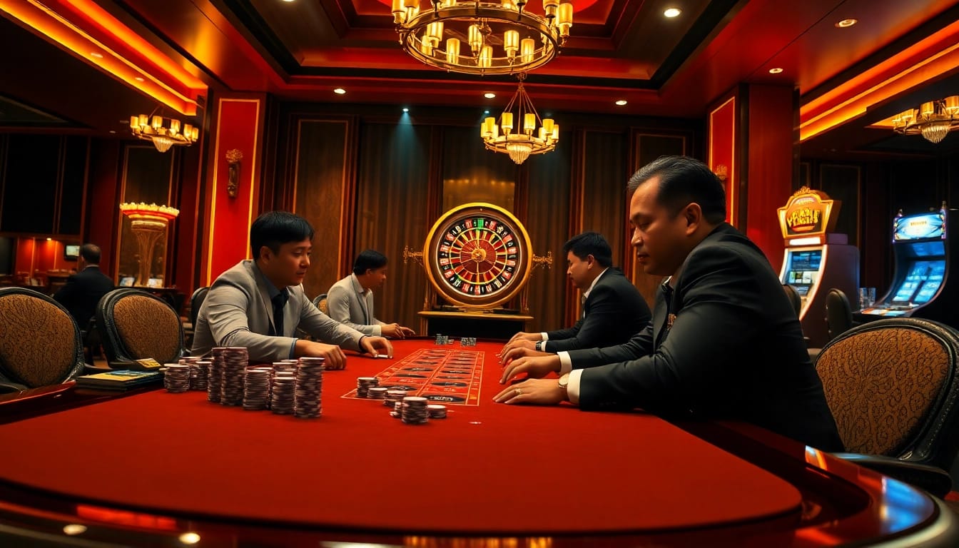Exciting poker game scene at TRANG CHỦ VIN88 featuring vibrant casino elements and strategic play.