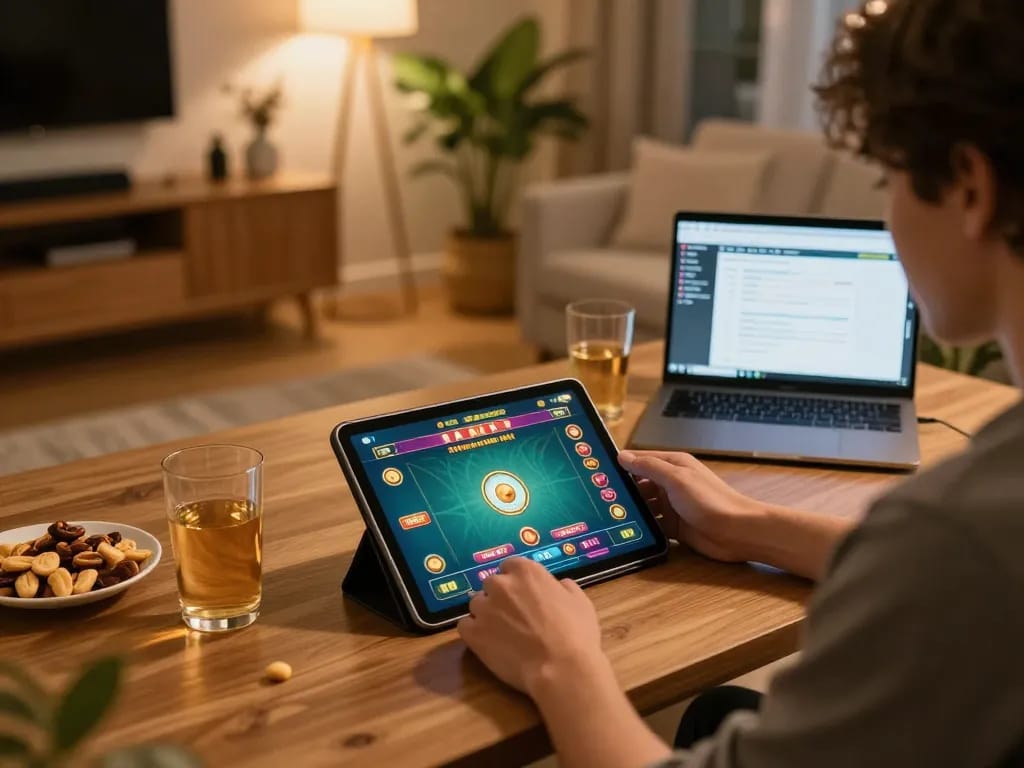 Player enjoying tai xiu online on a tablet during a cozy home gaming session with drinks and strategy notes.
