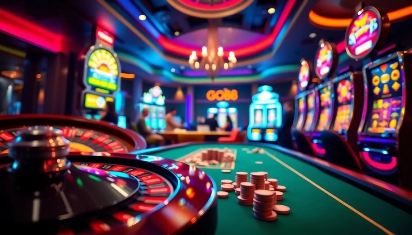 Experience the thrill of GO88 gaming with vibrant casino elements like roulette and poker.