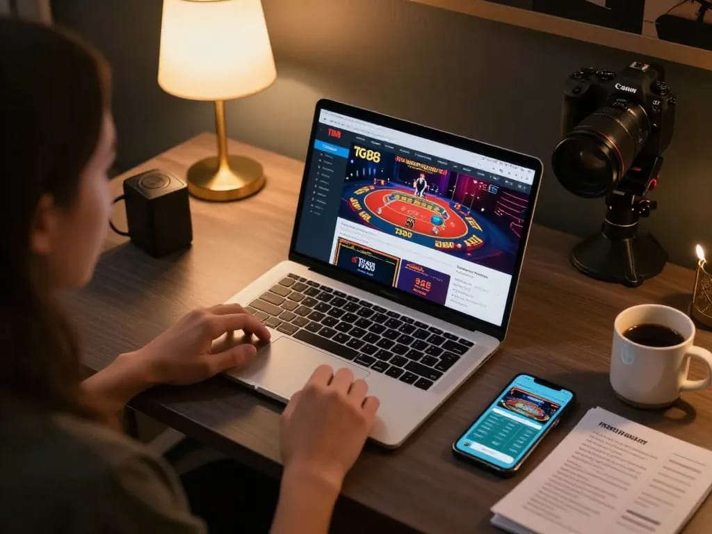 Player enjoying TG88 online casino games on laptop while analyzing strategy notes and mobile app