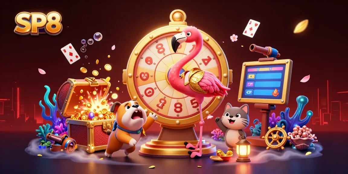 SP8 offers exciting slot games with vibrant visuals and prizes featured in a lively 3D casino scene.
