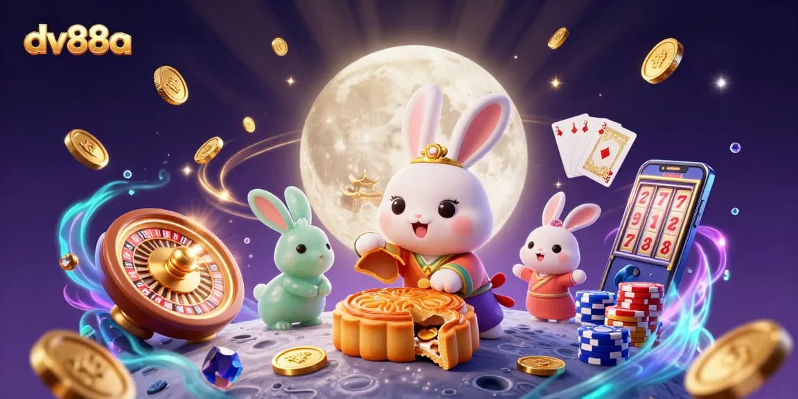 Experience immersive gambling action with dv88a featuring a moon rabbit revealing poker chips amidst a magical backdrop.