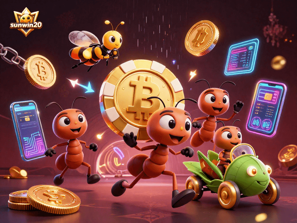 Win big at sunwin20 with a heist of cartoon ants carrying a giant poker chip.