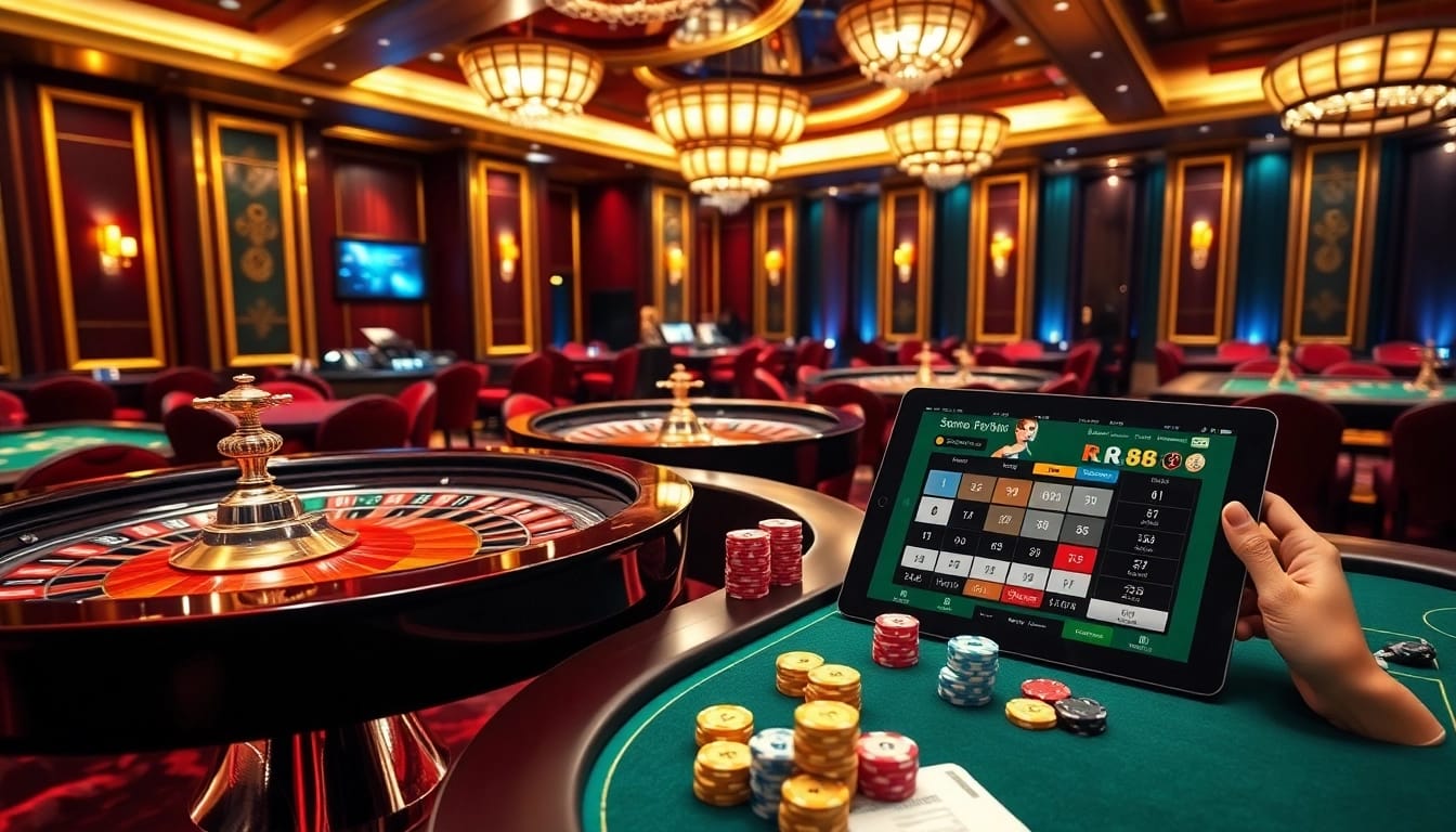 Experience the excitement of RR88 with vibrant casino gaming and online gambling elements.