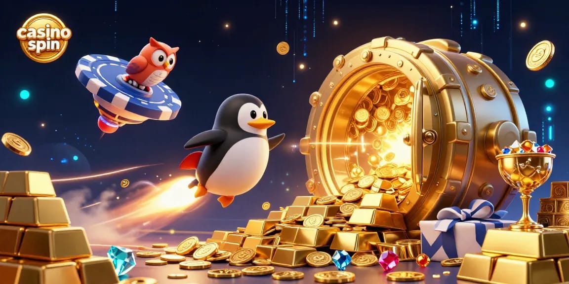Experience the excitement of casino spin with a thrilling cosmic adventure featuring golden treasures and a dynamic scene.