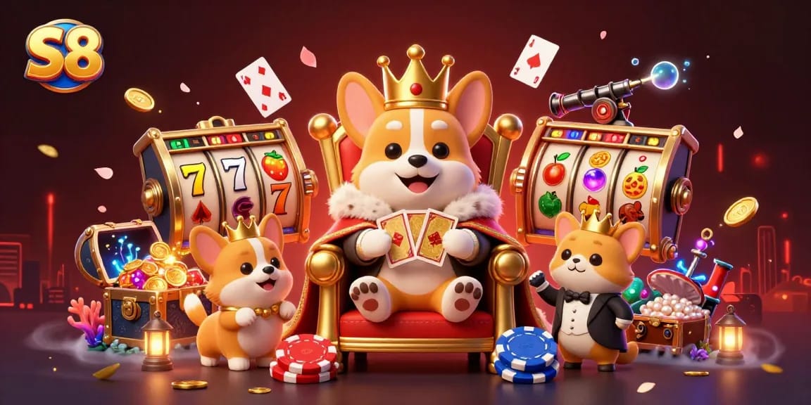 Experience the thrill of S8 with a royal corgi on poker chips amidst vibrant slots and treasures.