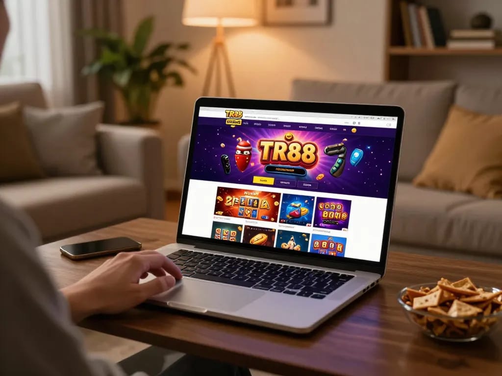 Engaging moment of online gambling at TR88 with interactive games showcased on a laptop screen in a cozy home setting.