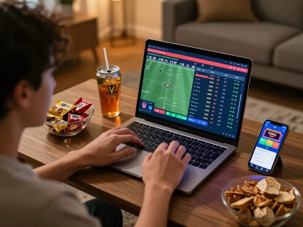 net88 user placing bets on a laptop while enjoying a lively sports betting atmosphere at home