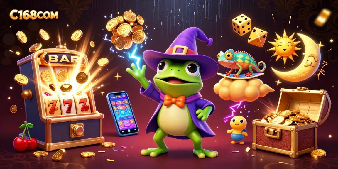C168COM features an energetic scene with a weather wizard frog amidst a storm of golden coins in a vibrant casino illustration.
