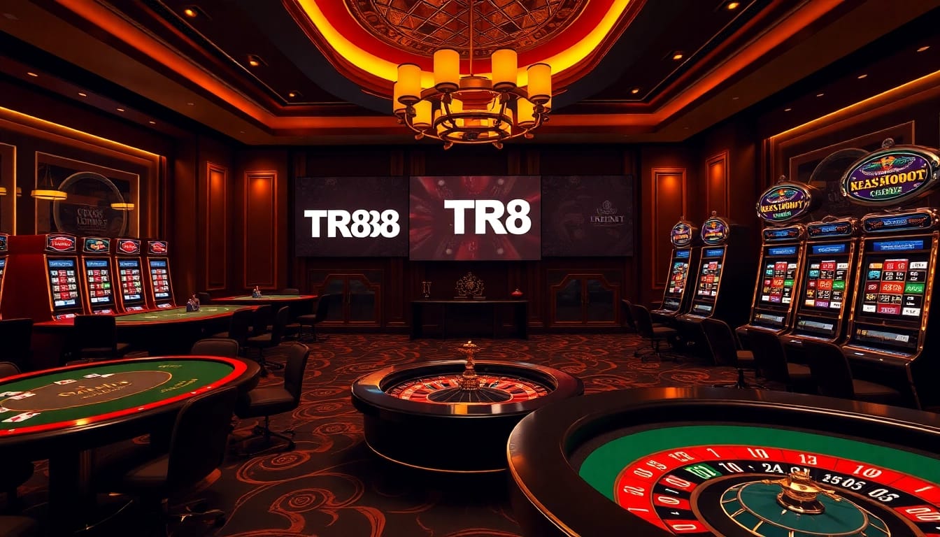 TR88 casino scene showcasing poker chips, cards, and slot machines in a luxurious setting.