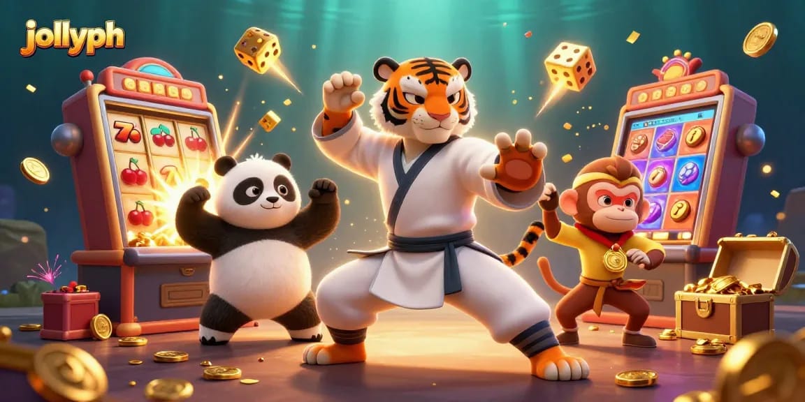 Experience the excitement at jollyph with a fun scene featuring a kung fu tiger and friends amidst a vibrant jackpot.