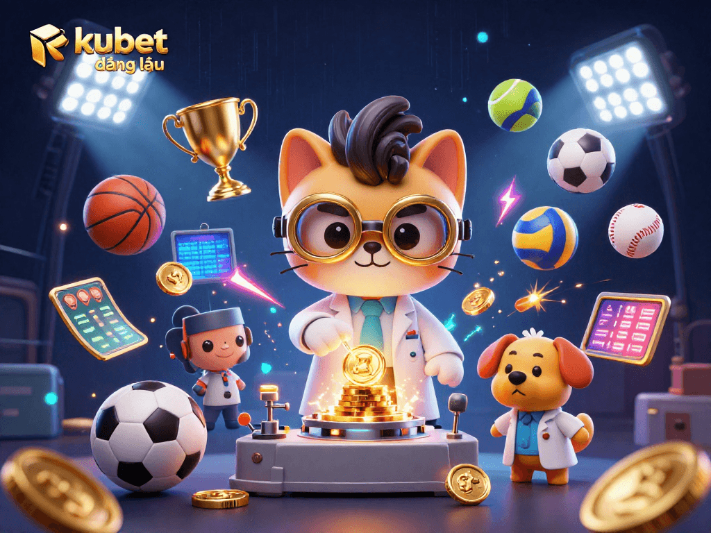 Bet on success with kubet đăng nhập, featuring a vibrant 3D casino scene with dynamic sports elements.