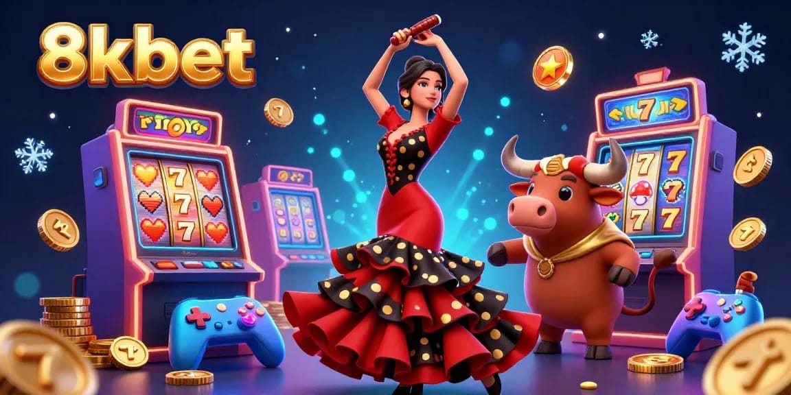 Engage in thrilling gaming at 8xbet with a dynamic scene of a flamenco dancer and a fighting bull amidst vibrant slot machines.